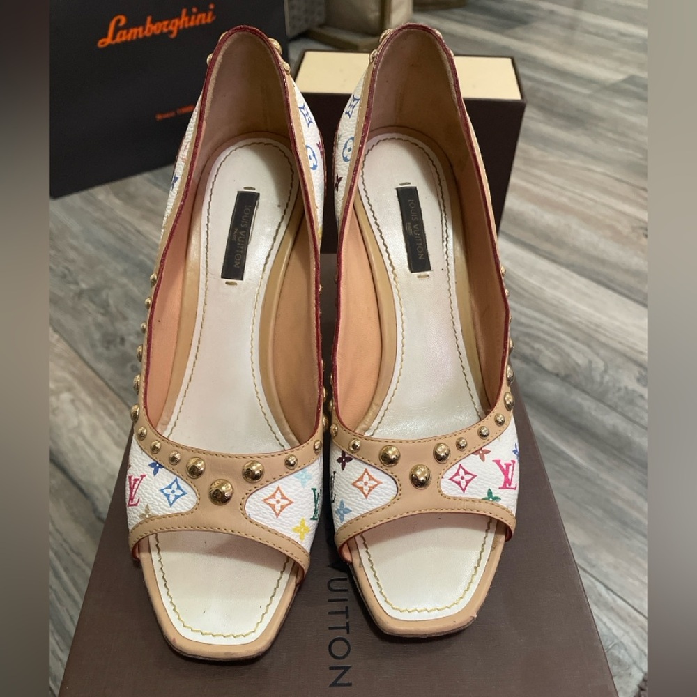 EXTREMELY RARE LOUIS VUITTON HEELS SIZE 38.5 MULTICOLOR OPEN TOE MULTICOLOR
